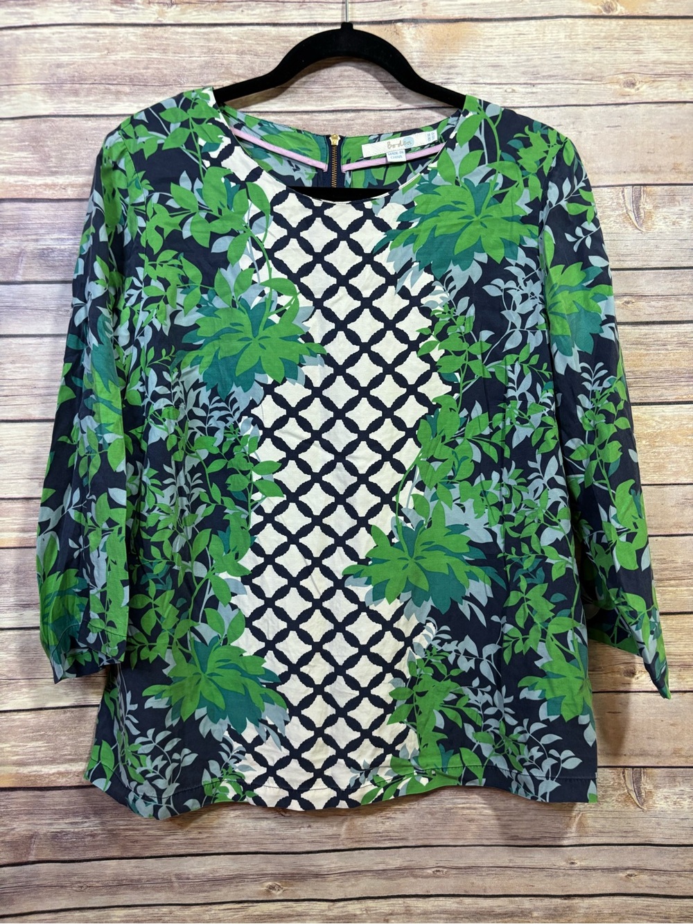 Boden "Eliza" Green & Blue Botanical Leaf Print Silk Blend Blouse Size 12